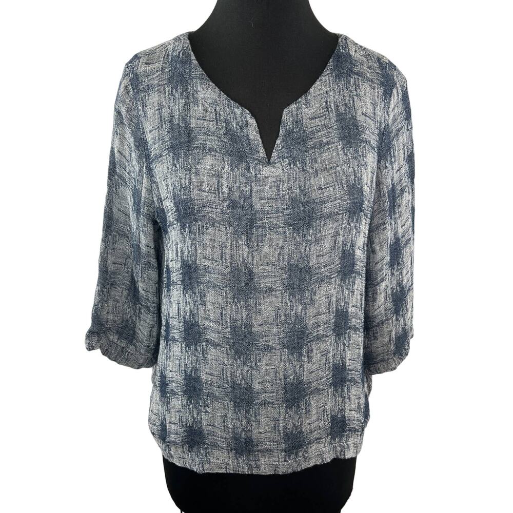 PURE J Jill Gray Checked Split V-Neck 3/4 Sleeve Linen Blend Blouse Petite M PM